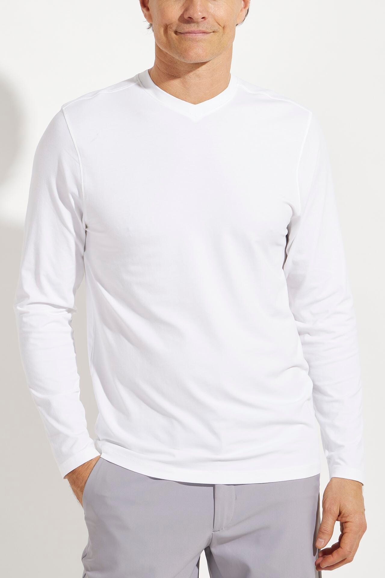 Coolibar Men's Morada Everyday Long Sleeve V-Neck T-Shirt UPF 50+, White / S