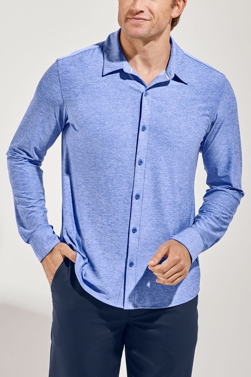 Coolibar Men's Vita Button Down Shirt UPF 50+, Aruba Blue Morse Dash / M