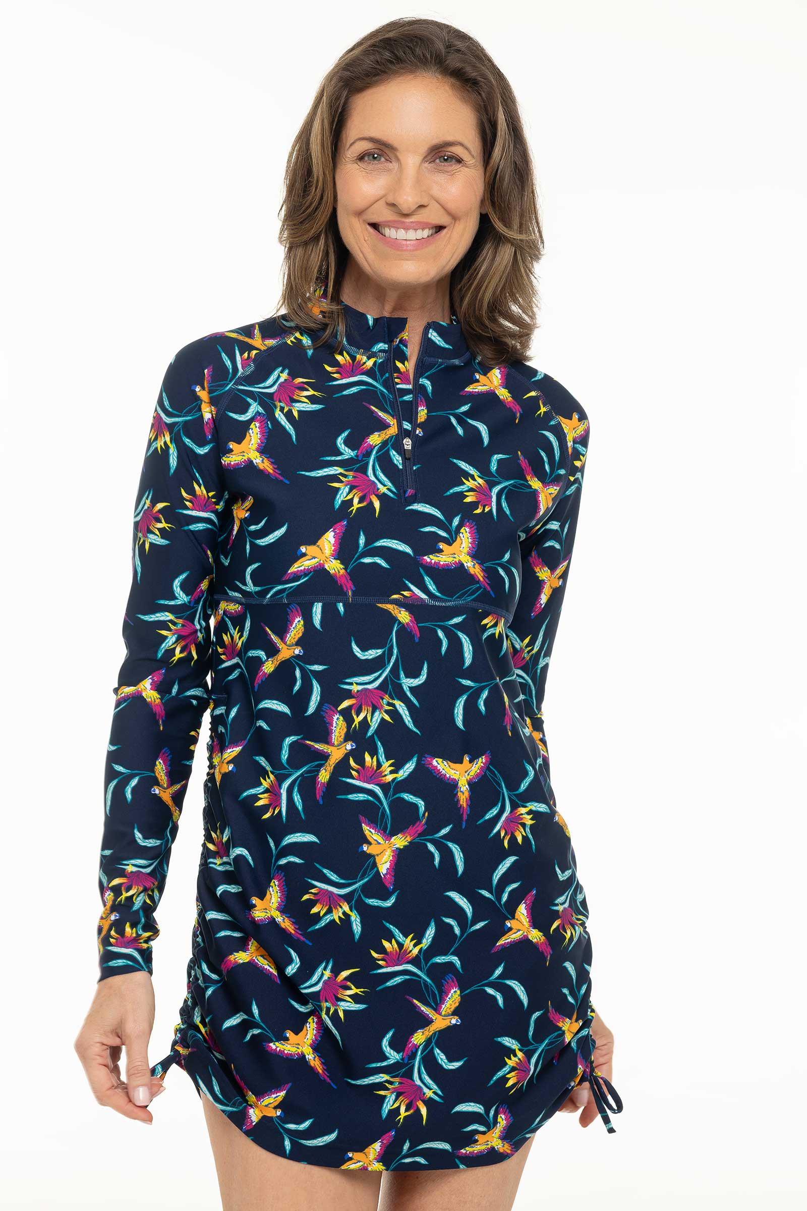 Women's Lawai Ruche Swim Shirt | Navy Birds of Paradise