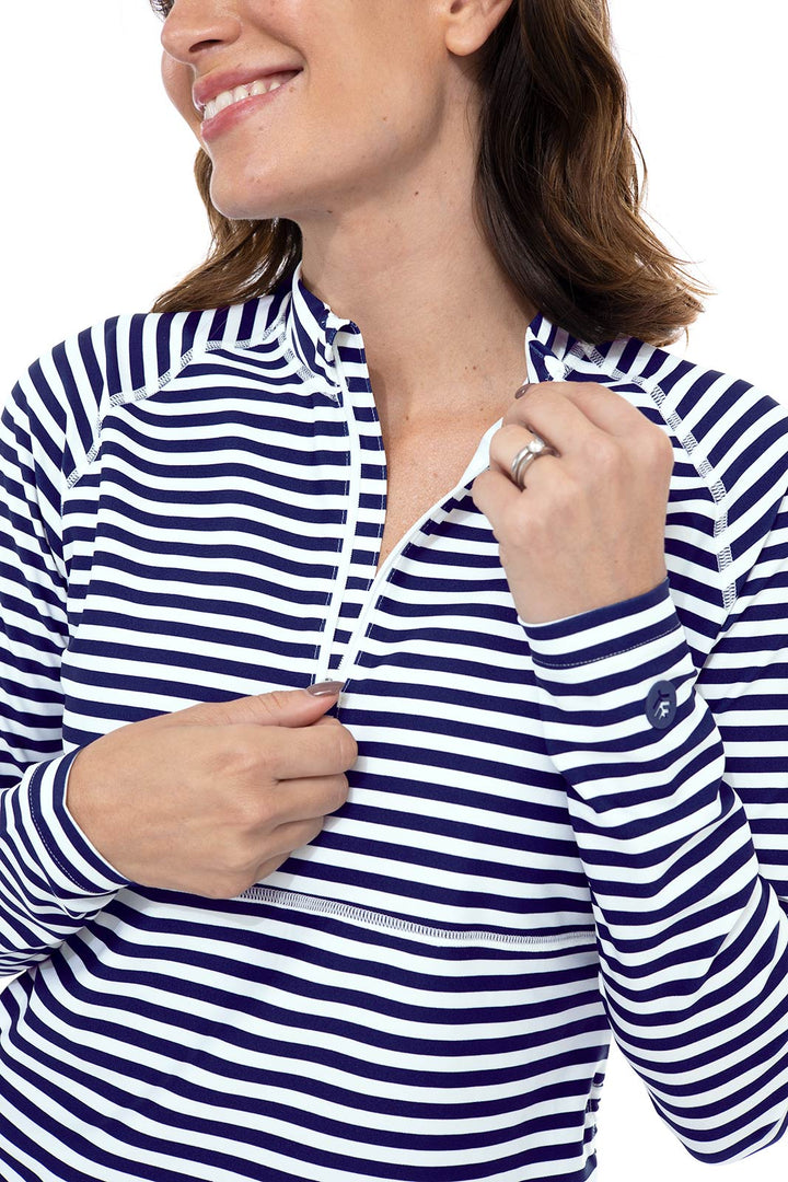 Women's Lawai Ruche Swim Shirt | White/Navy Stripe