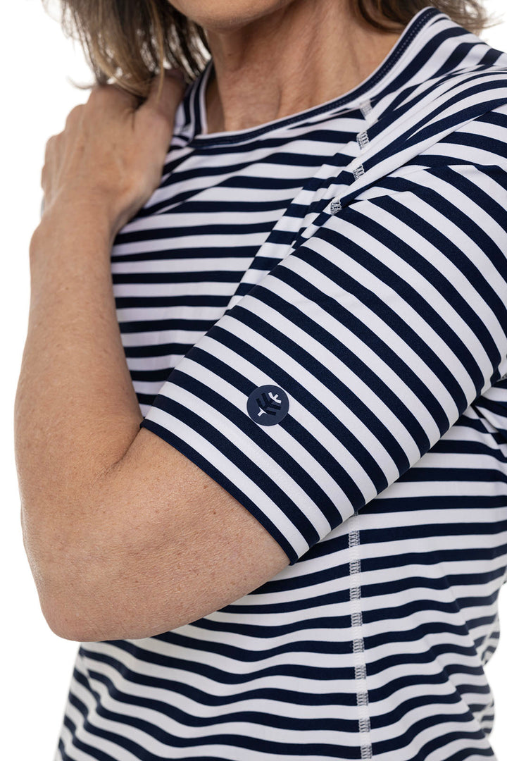 Women's Hightide Short Sleeve Swim Shirt | White/Navy Stripe