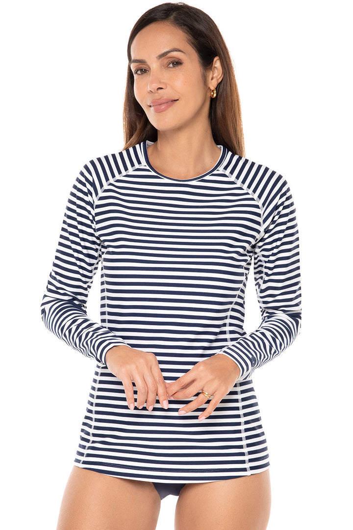 Women's Hightide Long Sleeve Swim Shirt | White/Navy Stripe