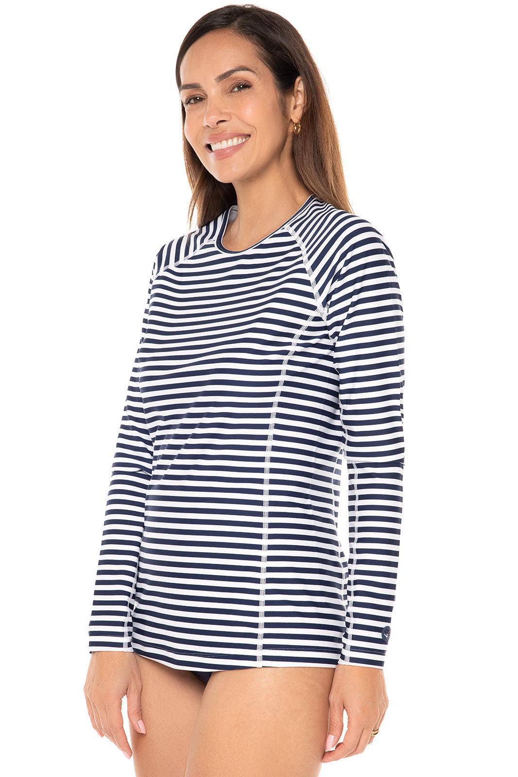 Women s Hightide Long Sleeve Swim Shirt White Navy Stripe UPF 50