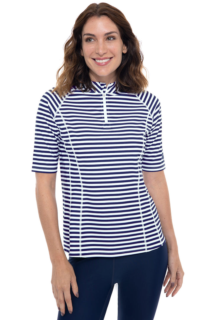 Women's Freestyle Short Sleeve Rash Guard | White/Navy Stripe