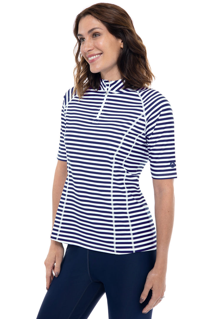 Women's Freestyle Short Sleeve Rash Guard | White/Navy Stripe