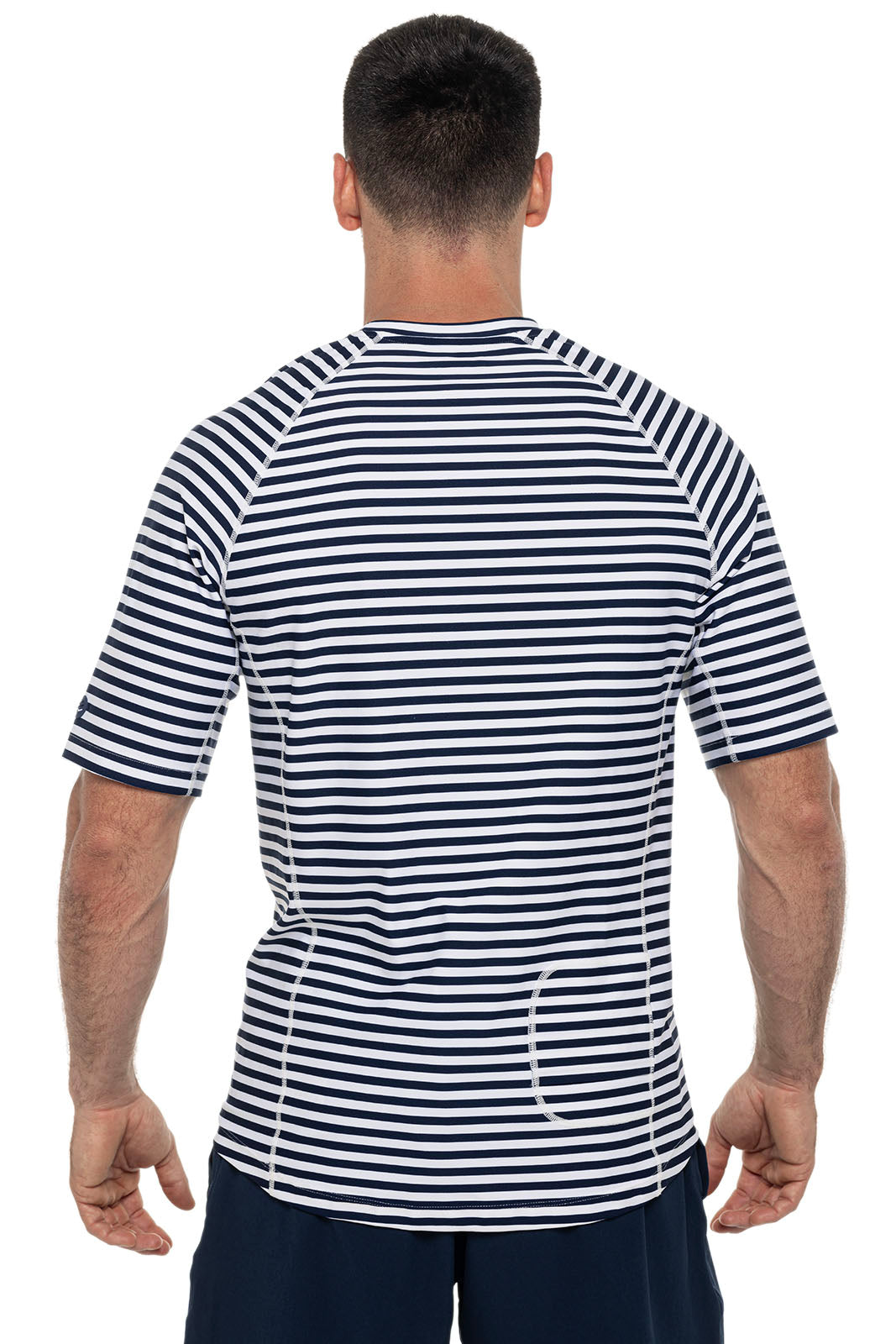 Men s Hightide Short Sleeve Swim Shirt White Navy Stripe UPF 50