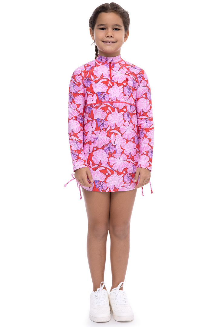 Girl's Lawai Ruche Swim Shirt | Radiant Red Botanical Floral