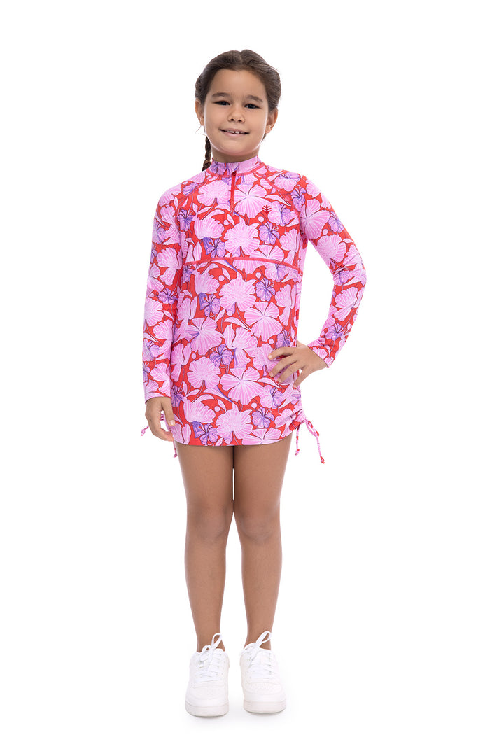 Girl's Lawai Ruche Swim Shirt | Radiant Red Botanical Floral