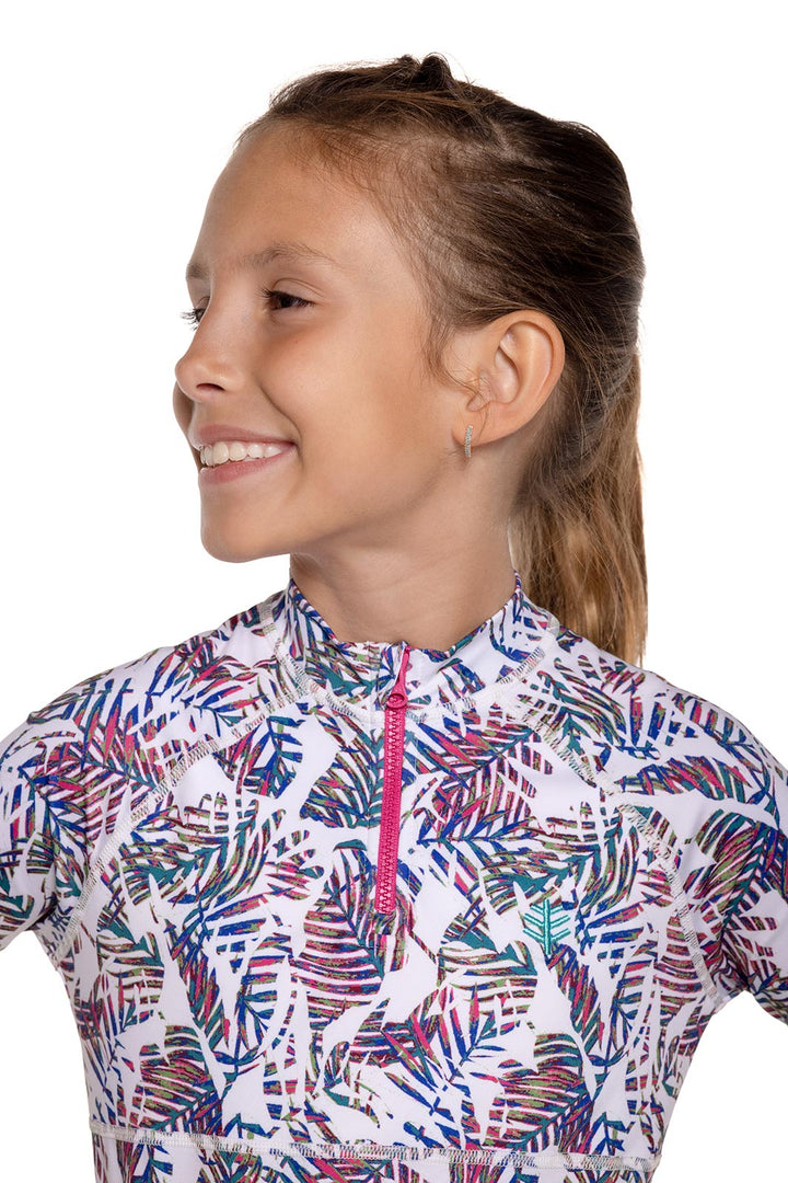 Girl's Lawai Ruche Swim Shirt | Magnolia Pink Beach Leaves