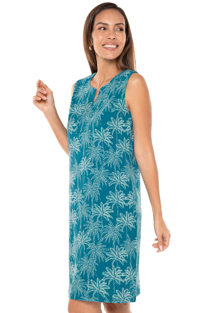 Women's Oceanside Tank Dress | Tahitian Teal Swaying Palms