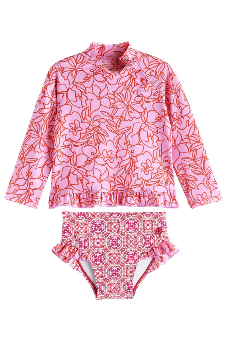 Baby Guppy Ruffle Rash Guard Set | Tropical Orchid Sketched Floral