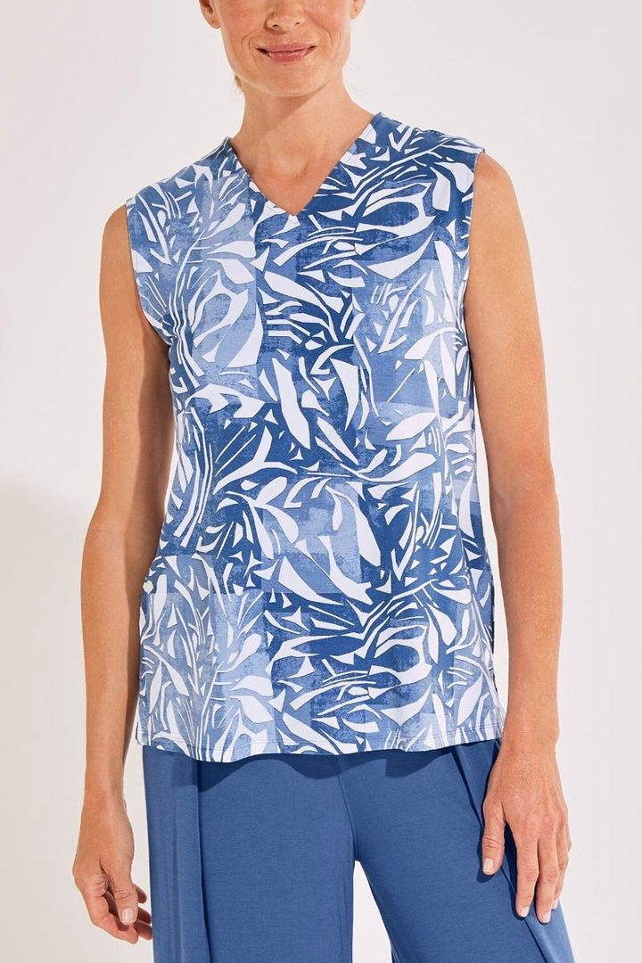 Women's Vedra V-Neck Tunic Top | Contemporary Blue Abstract Leaves