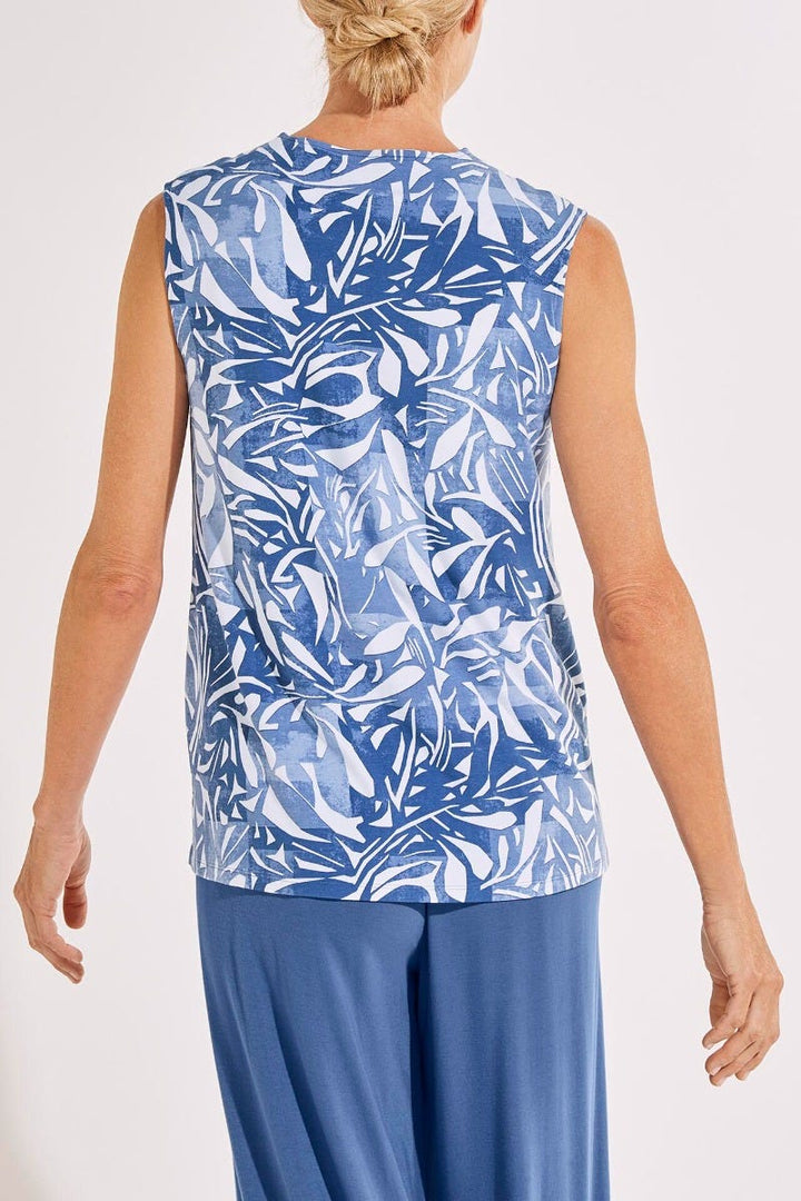 Women's Vedra V-Neck Tunic Top | Contemporary Blue Abstract Leaves