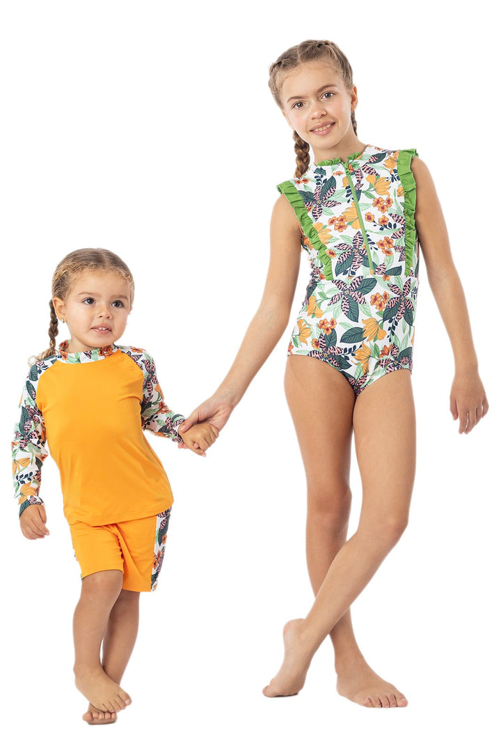 Kid's Angelfish Ruffle Swimsuit | Apricot Crush Floral Paradise