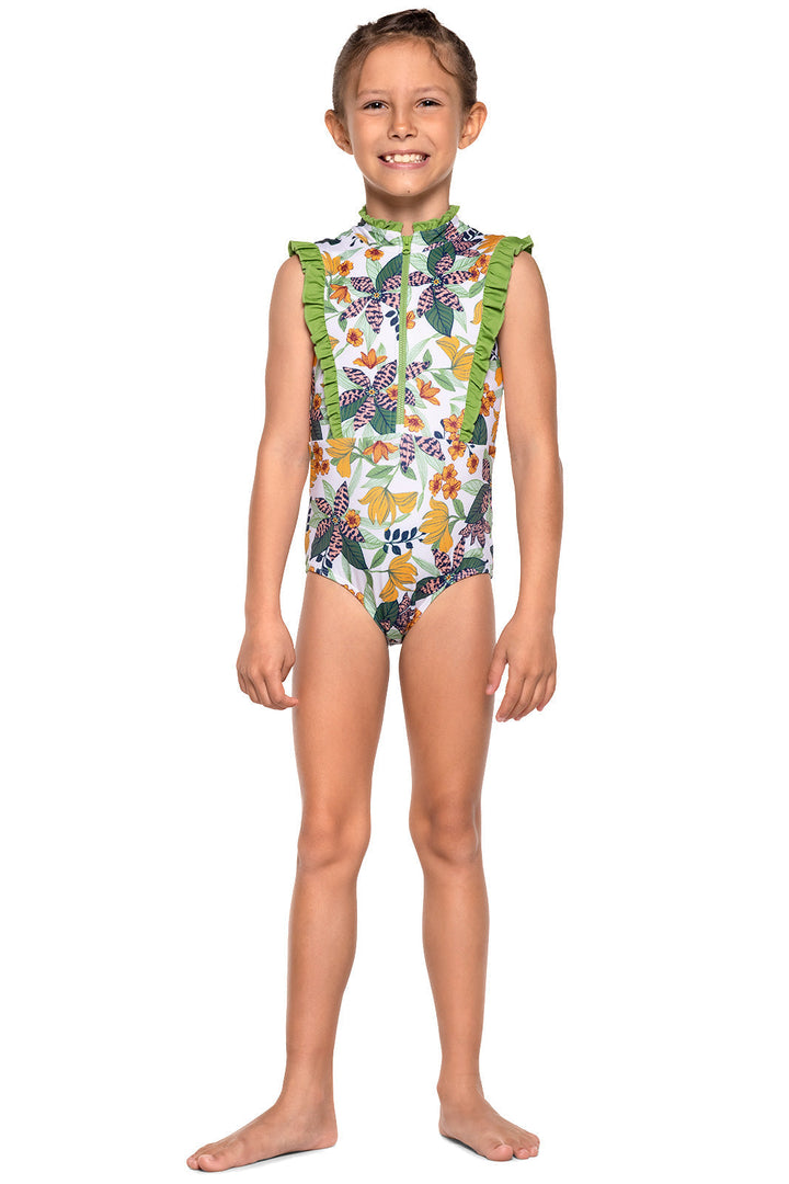 Kid's Angelfish Ruffle Swimsuit | Apricot Crush Floral Paradise