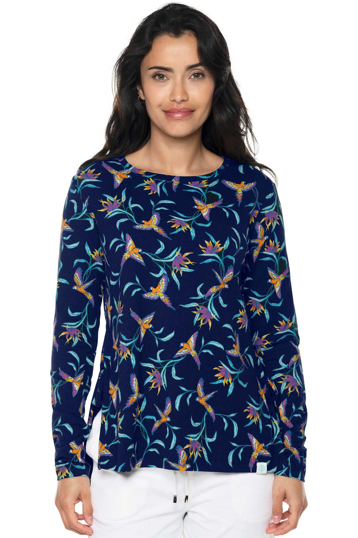 Women's Surf Side Slit Shirt | Navy Birds of Paradise