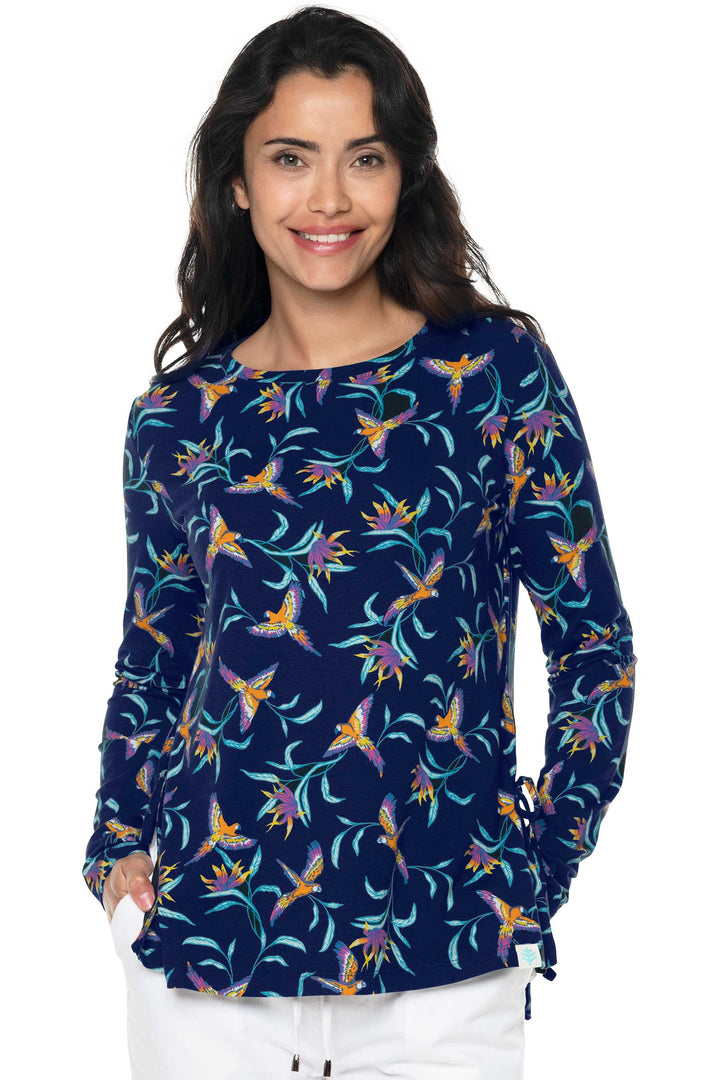 Women's Surf Side Slit Shirt | Navy Birds of Paradise