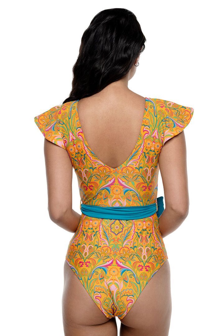 Women's Coconut Grove Flutter Sleeve Swimsuit | Apricot Crush MOSAIC GARDEN