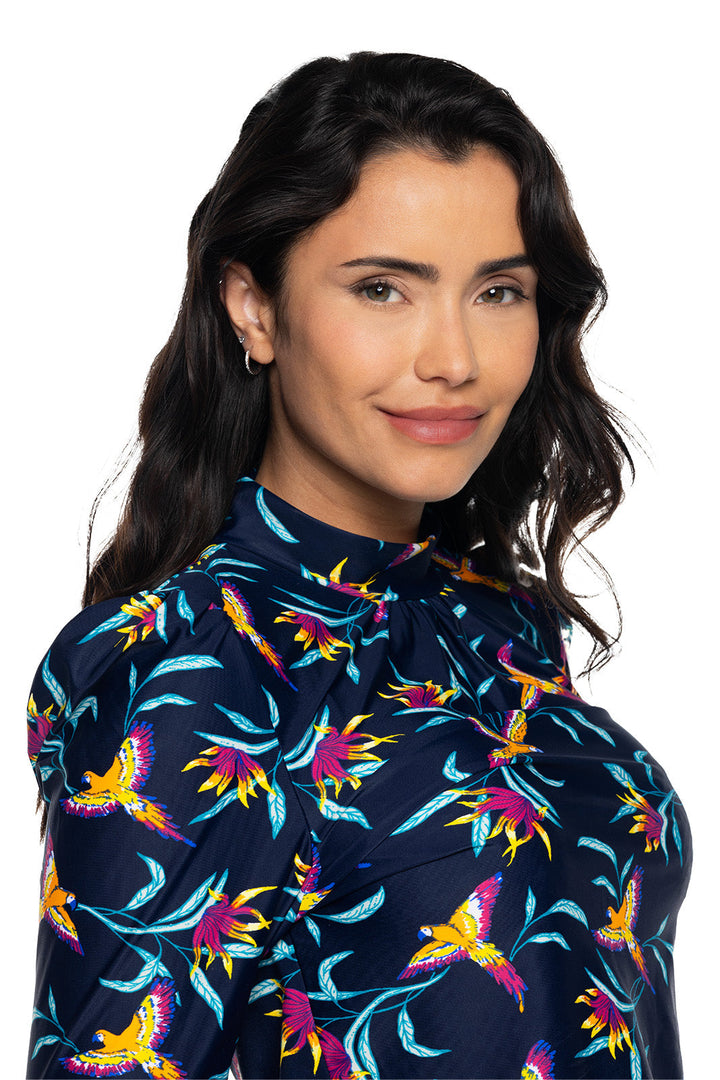 Women's Toscana Puff Sleeve Swim Top | Navy Birds of Paradise