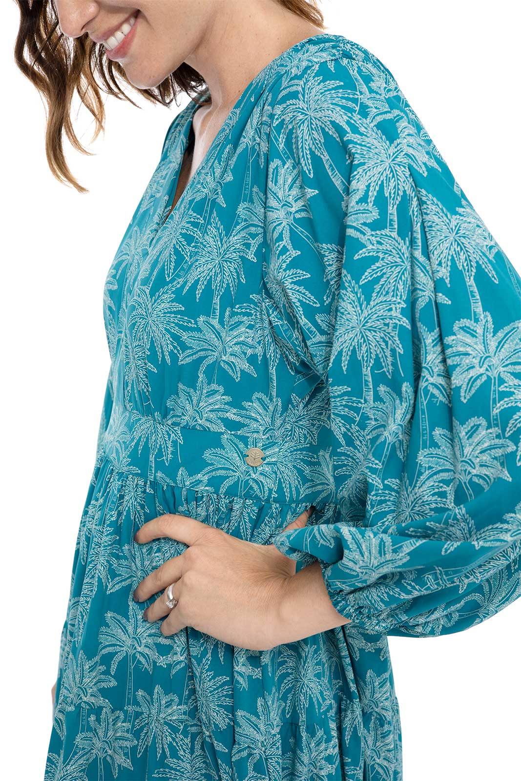 Coolibar Women s Palm Beach Tiered Maxi Dress Tahitian Teal Swaying Palms S