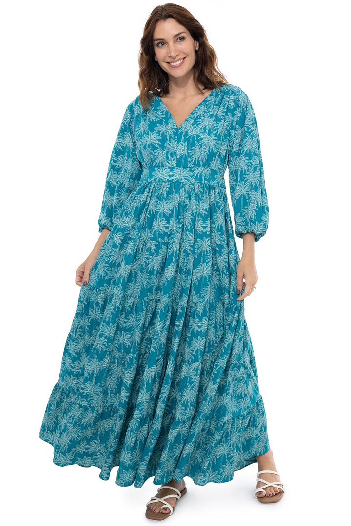 Women's Palm Beach Tiered Maxi Dress | Tahitian Teal Swaying Palms