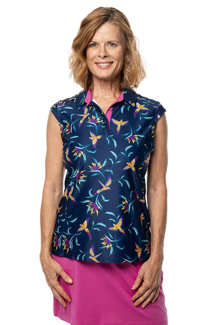 Women's Dew-Sweeper Sleeveless Golf Polo | Navy Birds of Paradise