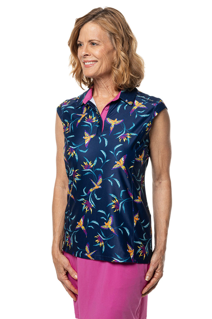 Women's Dew-Sweeper Sleeveless Golf Polo | Navy Birds of Paradise