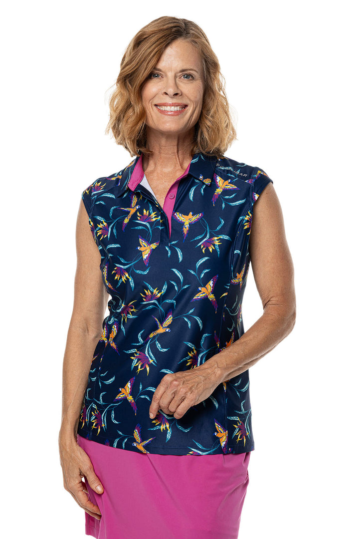 Women's Dew-Sweeper Sleeveless Golf Polo | Navy Birds of Paradise