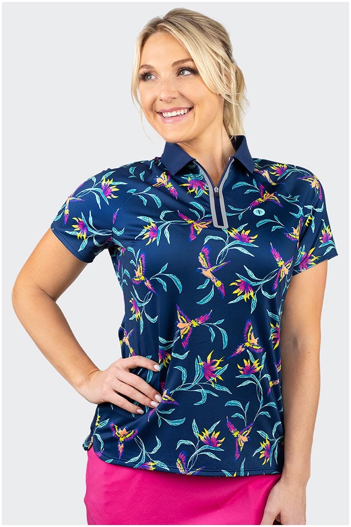 Women's Double Eagle Short Sleeve Golf Polo | Navy Birds of Paradise