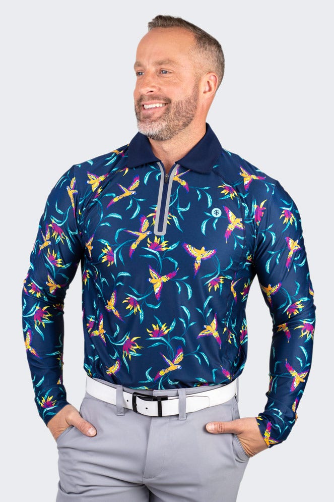 Men's Drive Golf Long Sleeve Polo | Navy Birds of Paradise