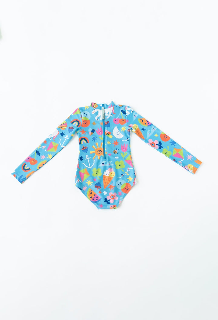 Mini Kelly - Girls Long Sleeve One Piece Swimsuit - Rainbows & Unicorns | Rainbows & Unicorns