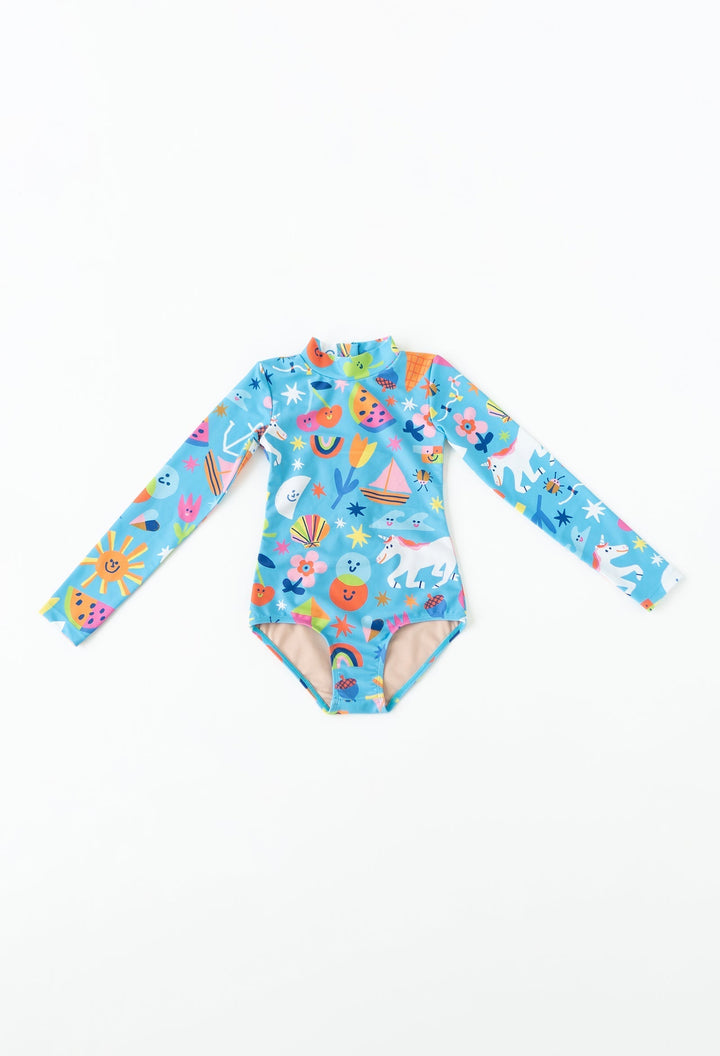 Mini Kelly - Girls Long Sleeve One Piece Swimsuit - Rainbows & Unicorns | Rainbows & Unicorns