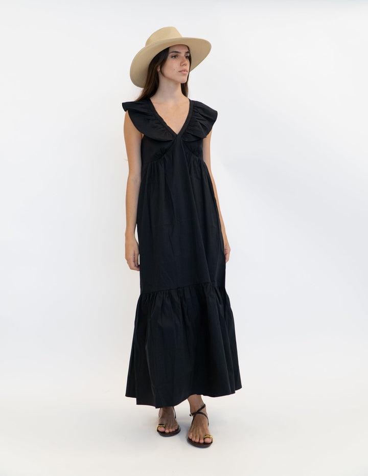 Serena - Ruffle V-Neck Maxi Dress - Black | Black