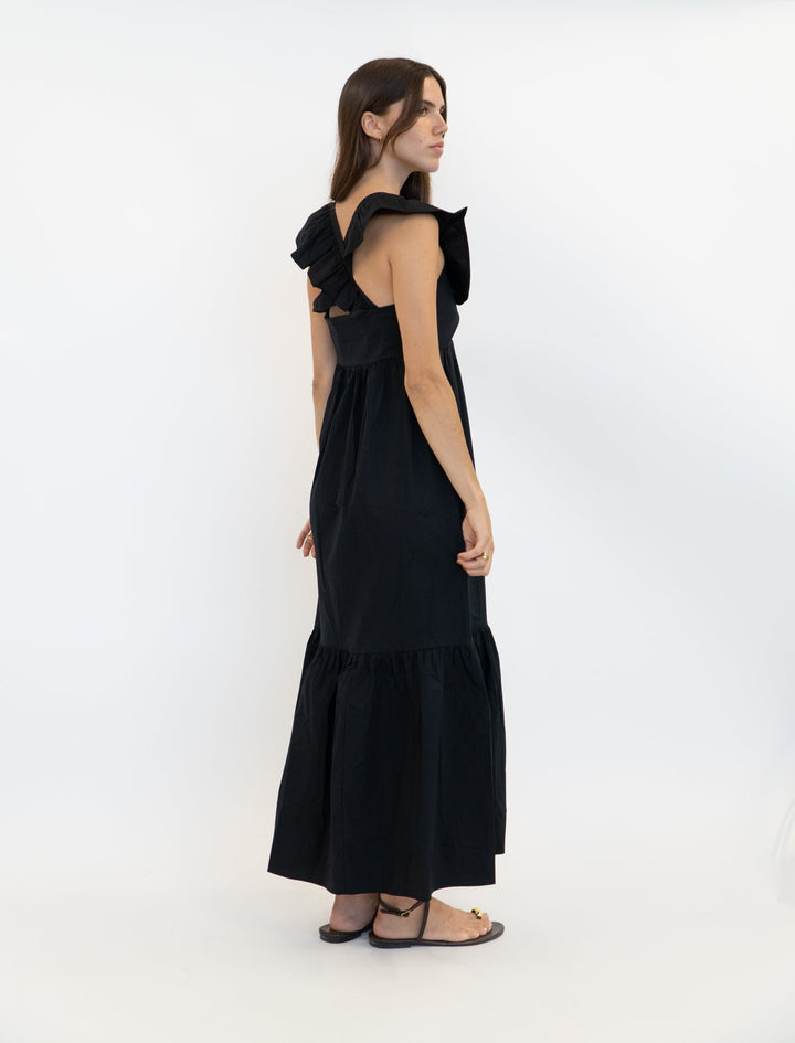 Serena - Ruffle V-Neck Maxi Dress - Black | Black