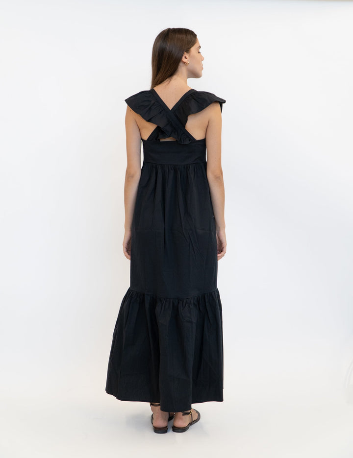 Serena - Ruffle V-Neck Maxi Dress - Black | Black