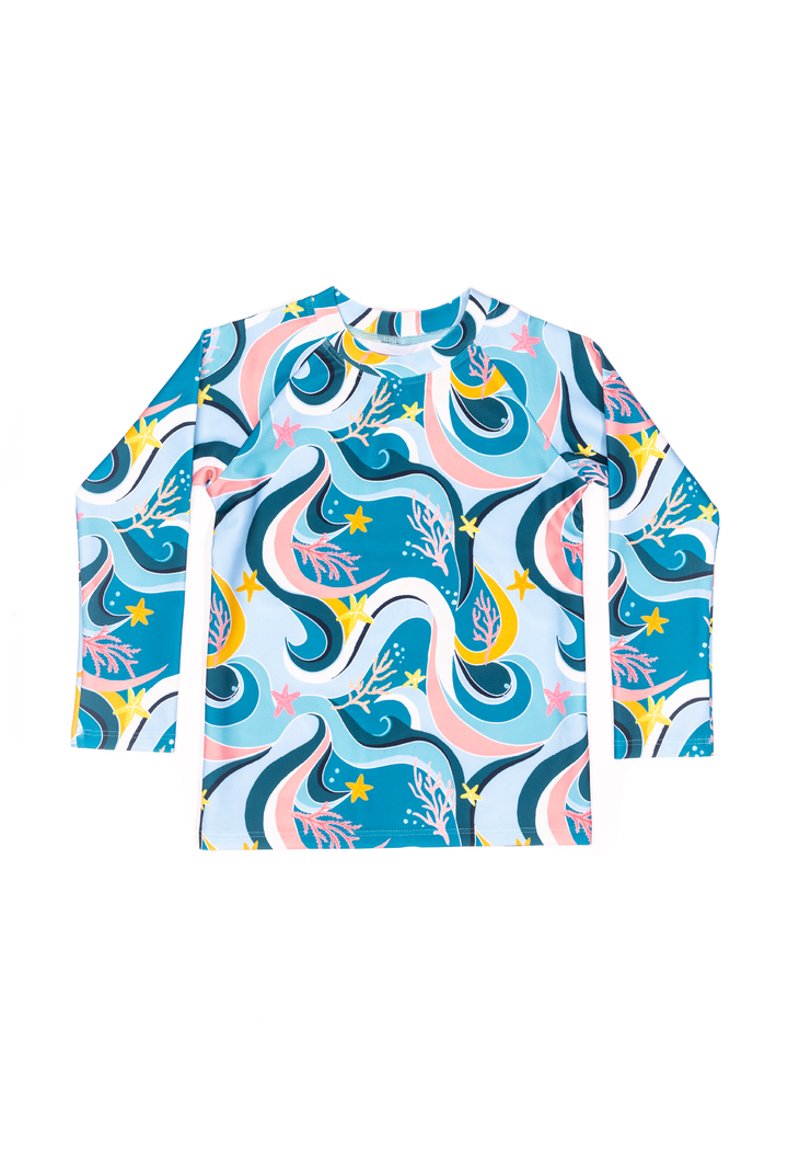 Mini Blake - Kids Long Sleeve Rash Guard - Ocean Candy Wave Pacific Blue | Ocean Candy Wave Pacific Blue