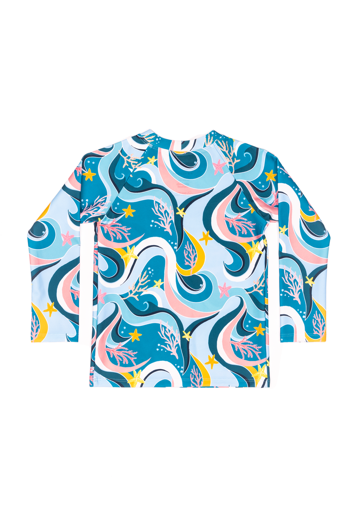 Mini Blake - Kids Long Sleeve Rash Guard - Ocean Candy Wave Pacific Blue | Ocean Candy Wave Pacific Blue