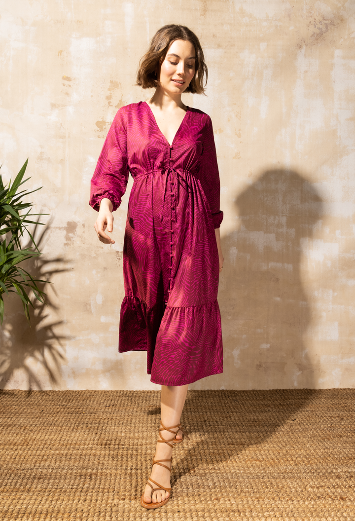 Scarlet - Button Front Long Sleeve Midi Dress - Ocean Imprint | Ocean Imprint