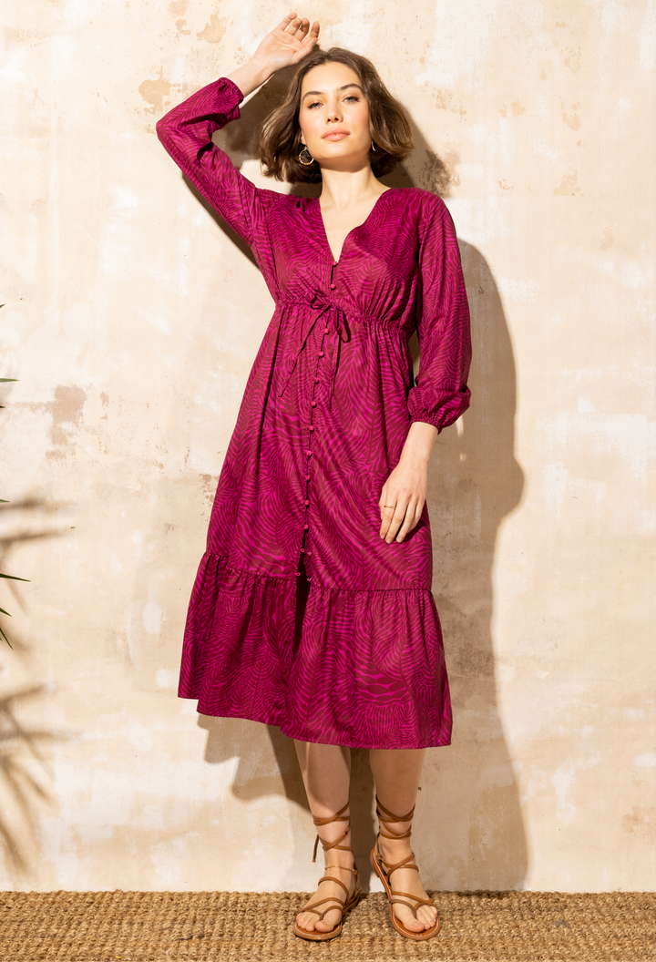 Scarlet - Button Front Long Sleeve Midi Dress - Ocean Imprint | Ocean Imprint