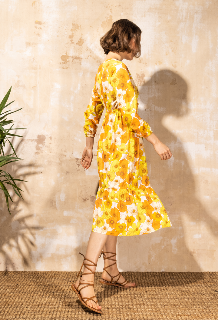 Scarlet - Button Front Long Sleeve Midi Dress - Sunset Floral | Sunset Floral