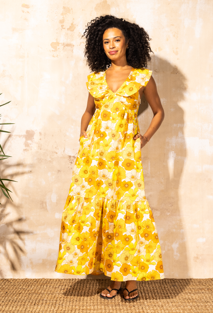 Serena - Ruffle V-Neck Maxi Dress - Sunset Floral | Sunset Floral