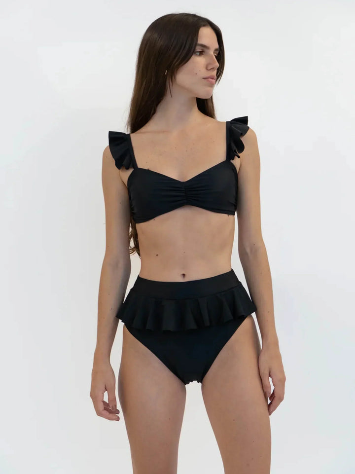 Jaida - Ruffle High Rise Swim Bottom - Black | Black